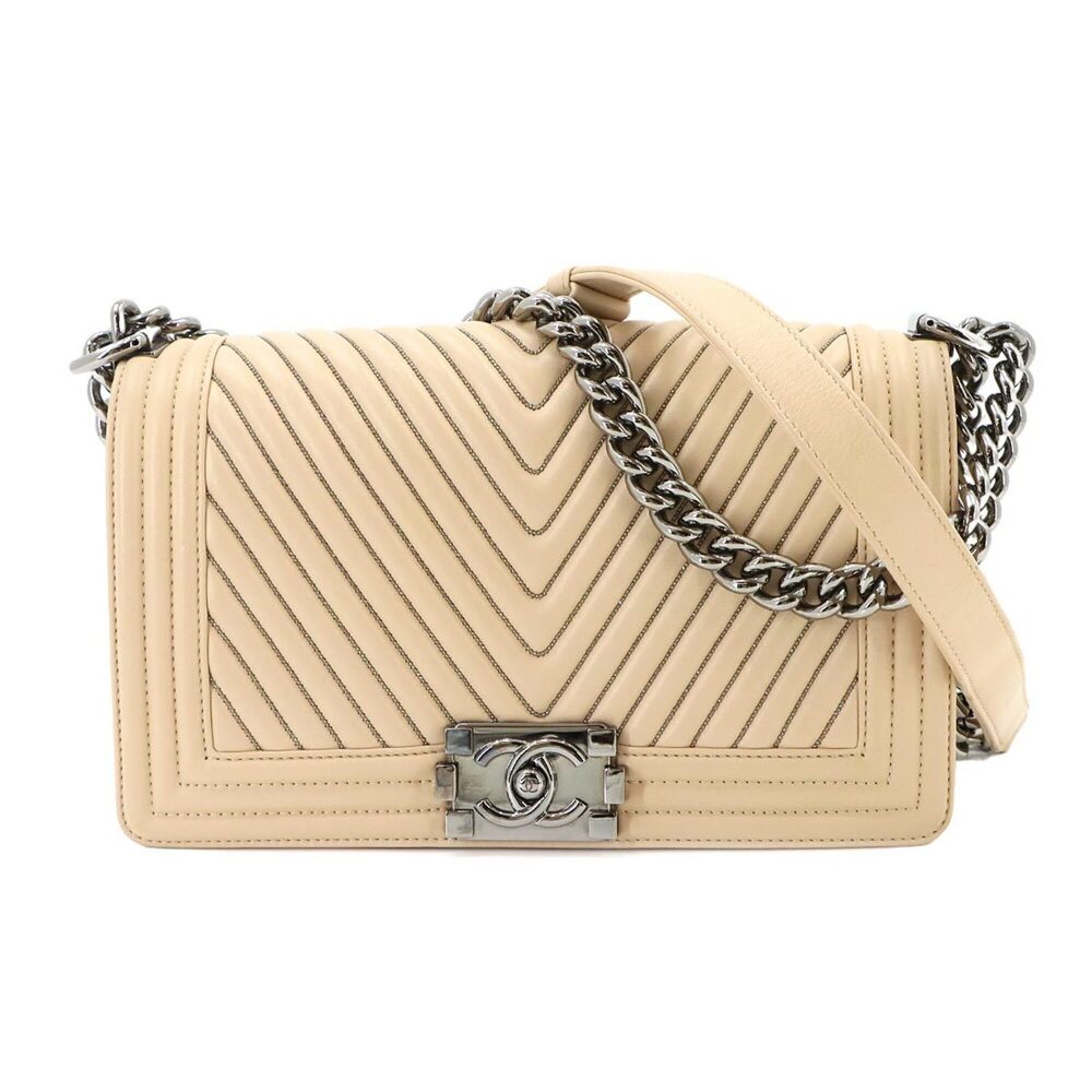 Chanel Boy Chain Shoulder Handbag, Leather, Beige, A67086, Silver Hardware